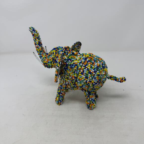 Handmade Beaded African Elephant Figurine Multicolor Wire Art Sculpture - Picture 5 of 9